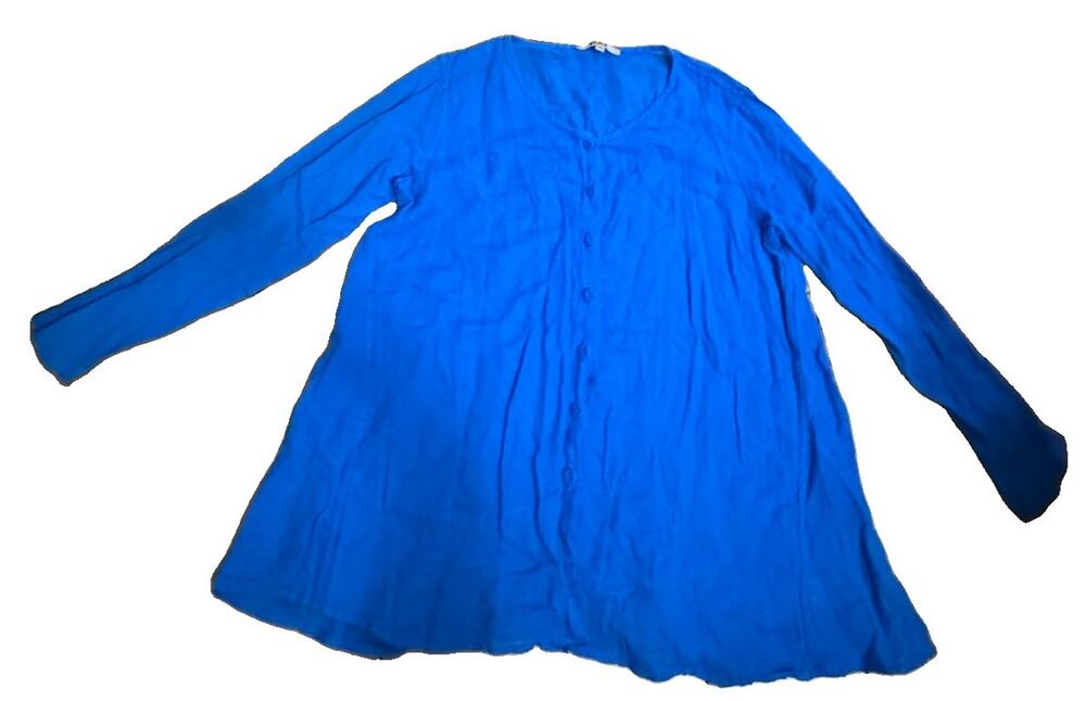 FLAX Women’s Blue Linen & Cotton Blend Button Down Long Sleeve Blouse Large